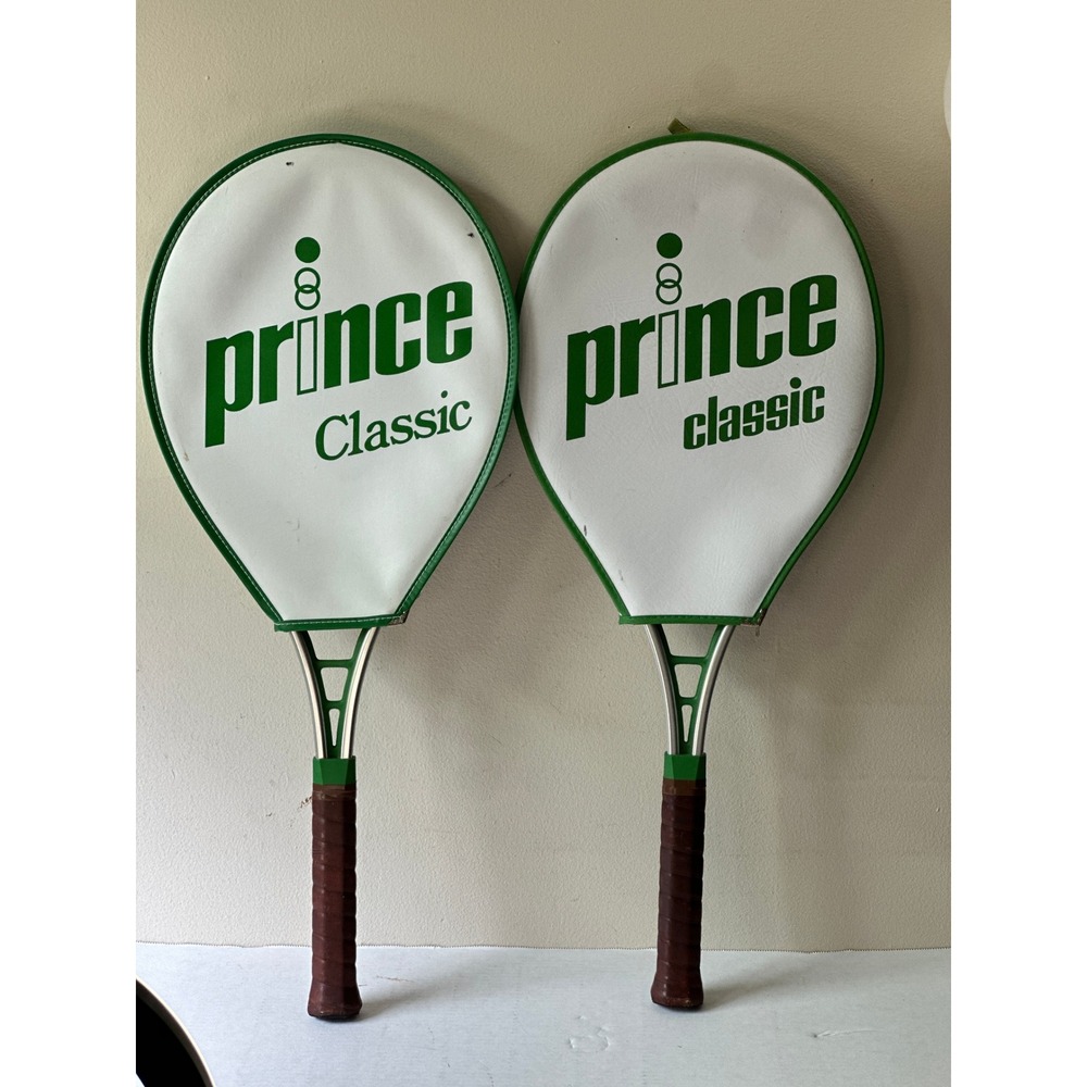 Set of 2 Vintage Prince Classic Tennis Racquets Silver Green with Covers 4 1/4